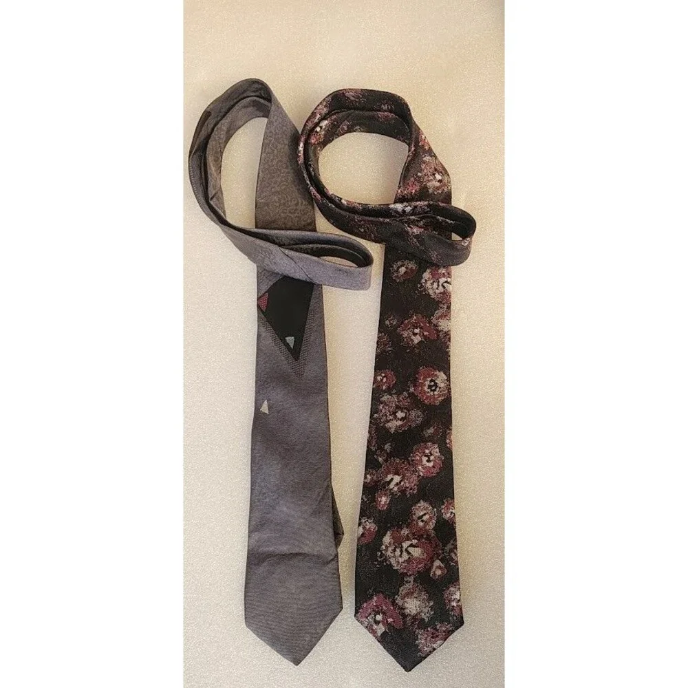 Bugle Boy Mens Polyester Skinny Suit Tie Set Gray Geometric Black Floral Design